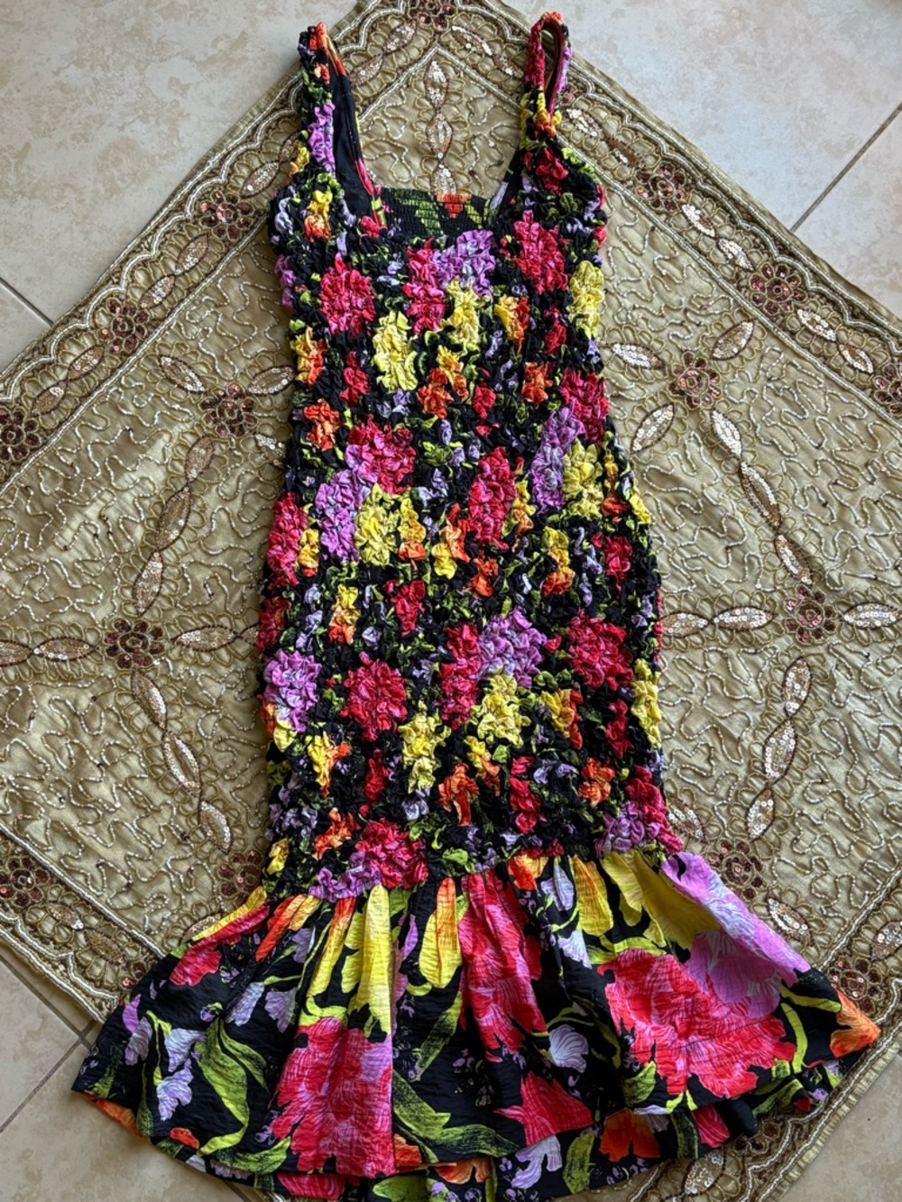 Anthropologie Black Dress with Bright Pink & Purple Floral Trim